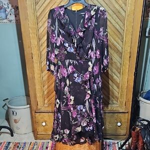roz & ALI Black and Purple Wrap Sundress with Flutter Sleeves
